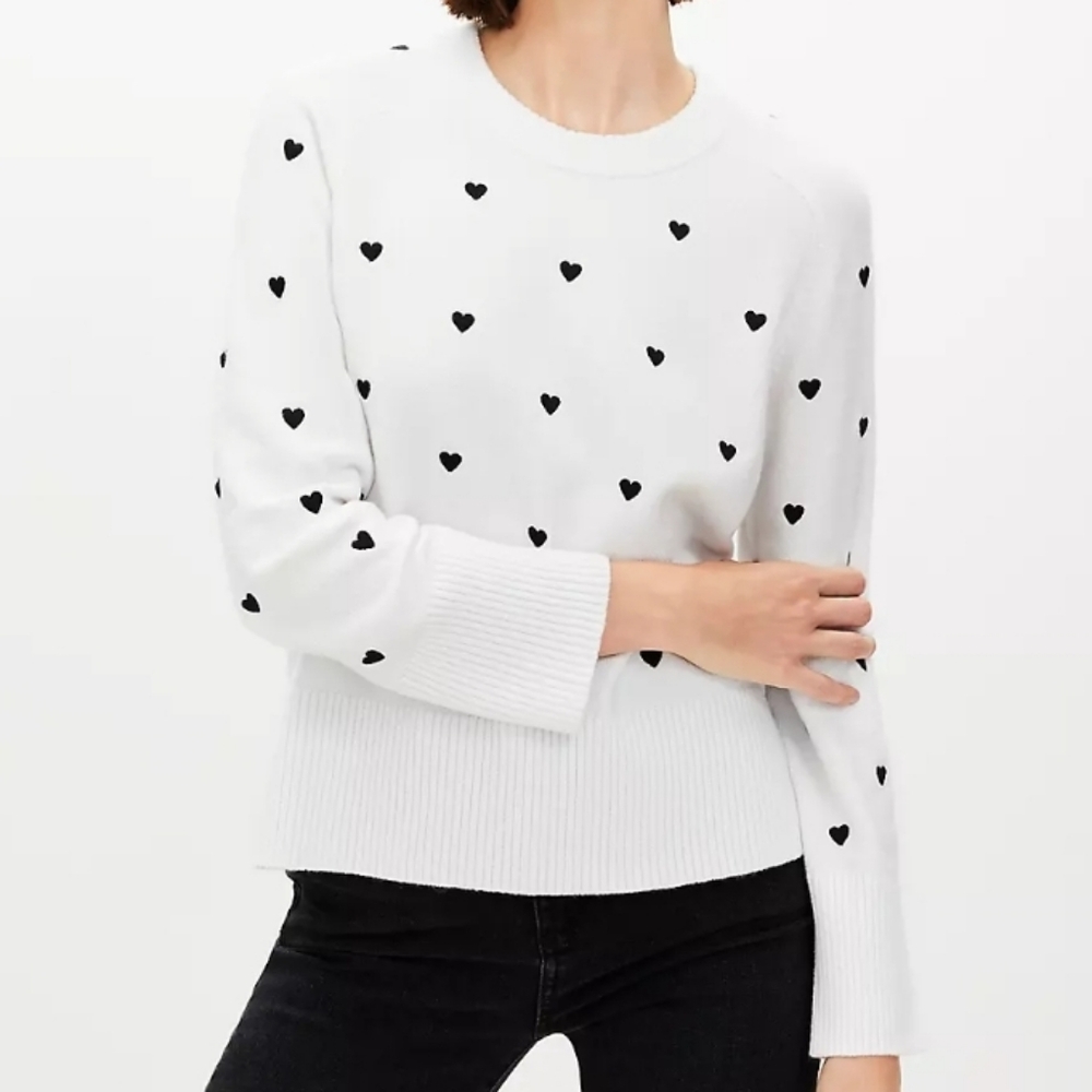 NWT LOFT Mini Heart Embroidered Sweater, White, Large